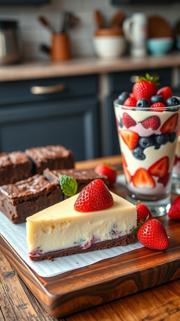 Dessert platter with brownies, cheesecake, and yogurt parfaits.
